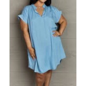 NWT Tulip B Light Blue Split Neck Cap Sleeve High Low Shift Dress Large